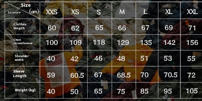 Size chart for men’s pilot cotton bomber jacket showing measurements in centimeters and kilograms for sizes XXS to XXL.