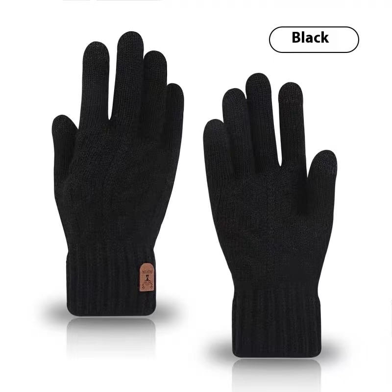 Men’s black knitted touchscreen winter gloves with ribbed cuff and small brown leather patch on the wrist shown from the back side.