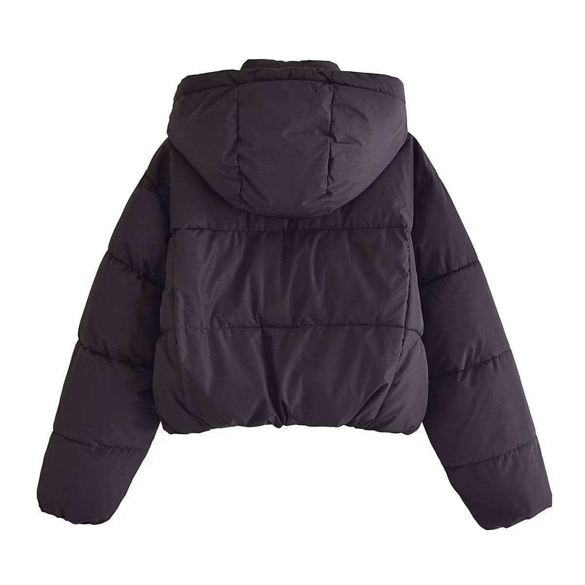 black quilted hooded puffer coat featuring a black hood and quilted design for warmth and style