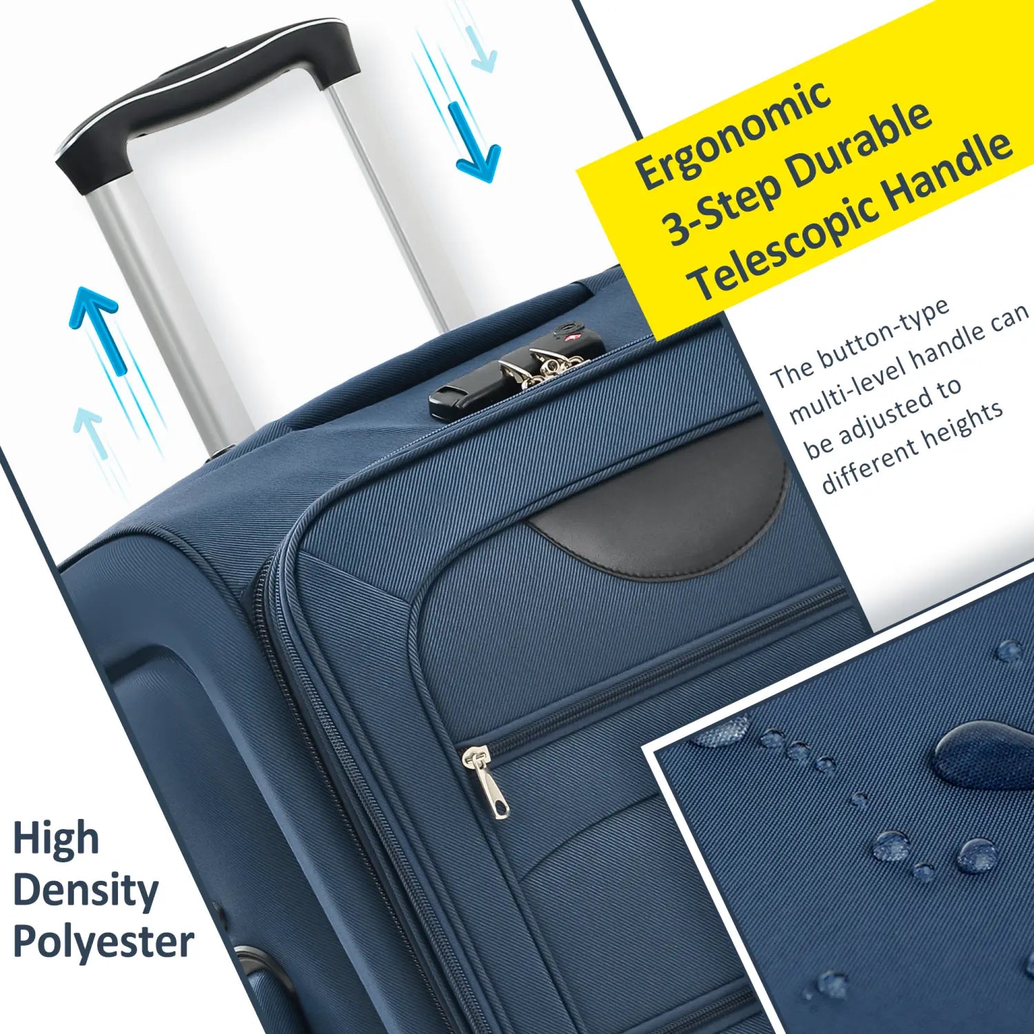 Navy blue softside expandable three piece spinner luggage set made of high density polyester with silver telescopic handle and black accents.