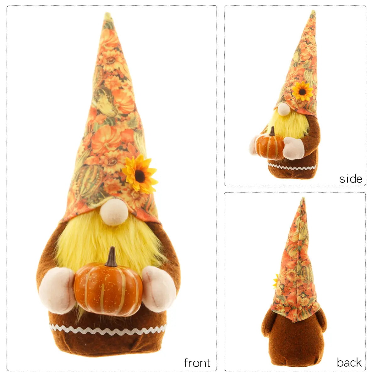 Eine kuschelige Danksagungs-Gnom-Puppe mit einem braunen Stoffkörper, einem gelben Wollbart, einer hohen Mütze mit floralen Mustern, die mit einer Sonnenblume verziert ist, die einen orangefarbenen Kürbis hält.