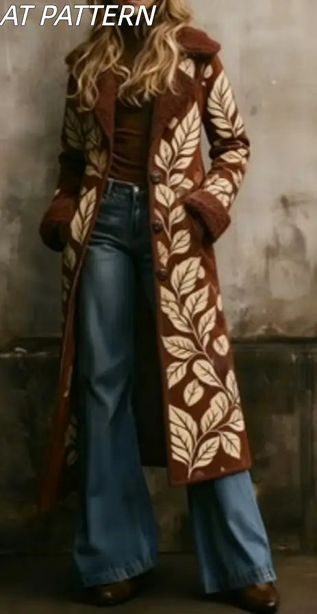 Damen-Langmantel aus Wolle mit einem cremefarbenen bestickten Blattmuster und einem Shearling-Kragen in Braun.