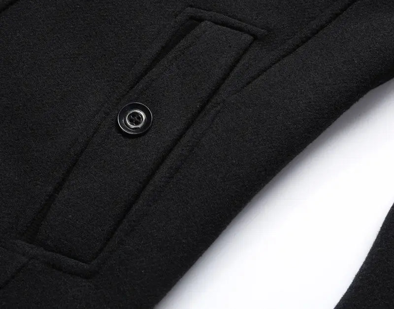 Men wool winter overcoat quilted jacket in black featuring a black wool fabric and a single black button on the front pocket.