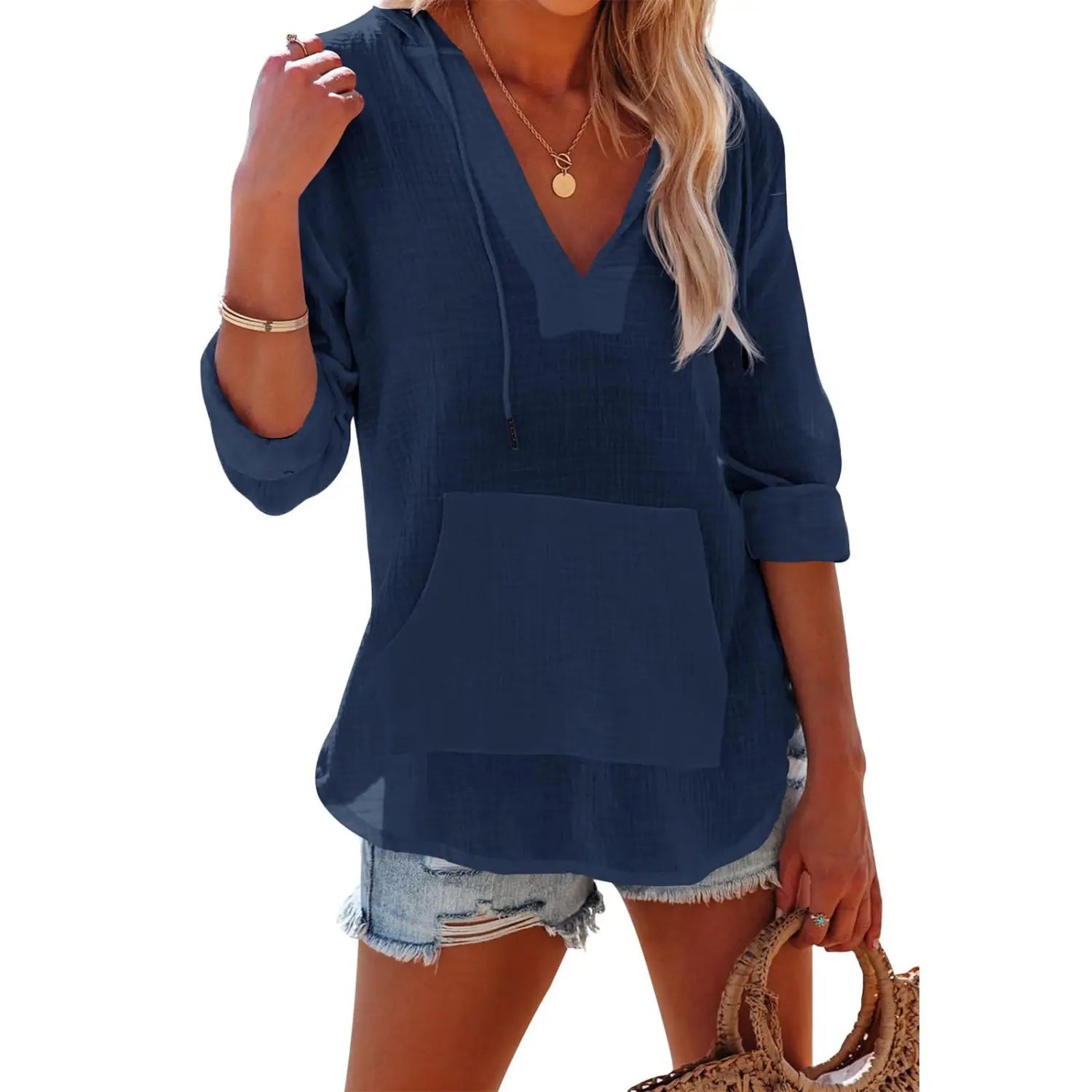 Navy blue women’s v neck cotton linen hooded pullover with front pocket and rolled sleeves.