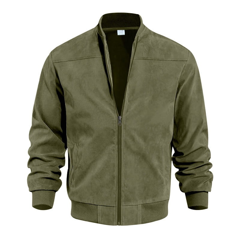Olive green suede men casual retro bomber jacket featuring ribbed cuffs and waistband.