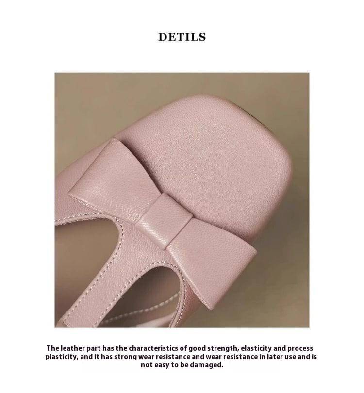 A soft pink leather bow closed toe mule flat for women featuring a prominent bow detail on the vamp.