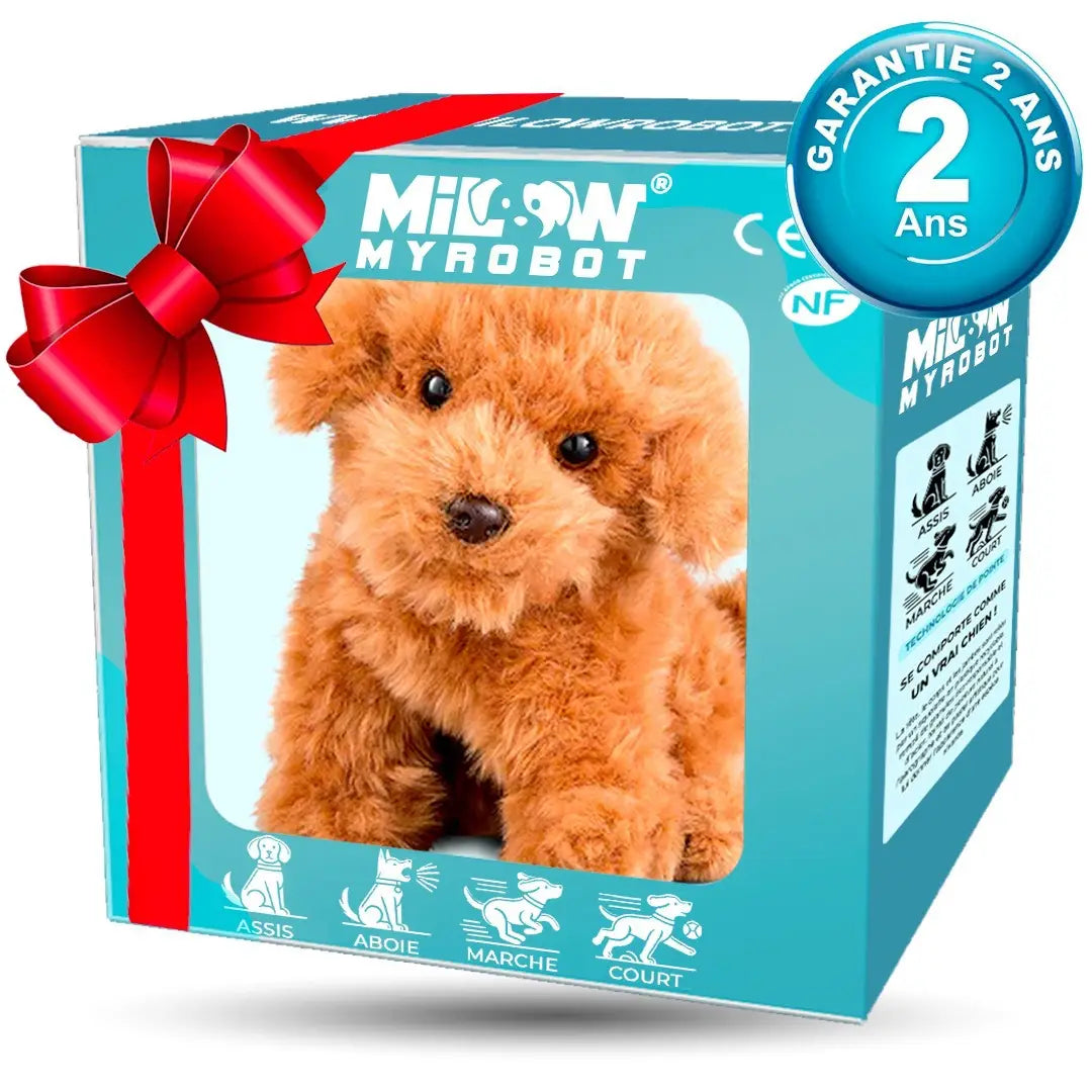 An interactive plush robot puppy by MyRobot shaped like a light brown poodle featuring sound and music capabilities.