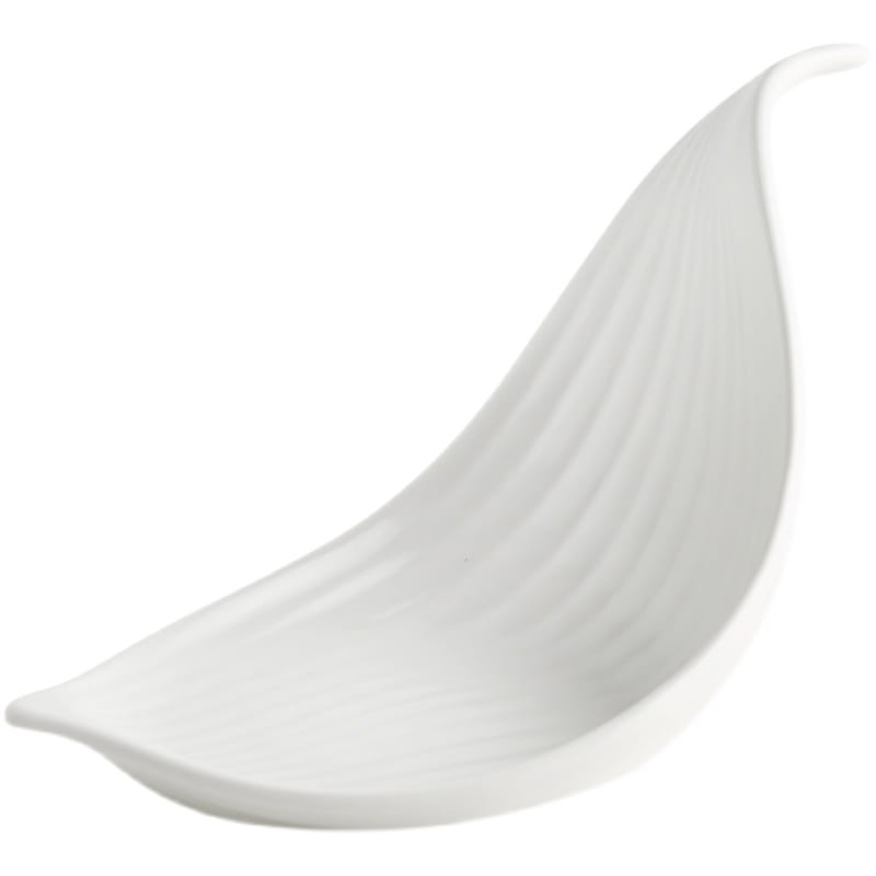 White leaf ceramic plate with subtle vertical ridges shaped like a leaf for irregular serving use.