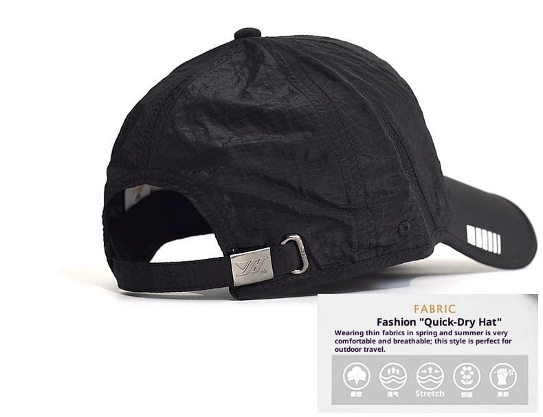 black fabric quick-drying running hat showing the back with an adjustable strap and silver metal buckle designed for sports and sun protection.