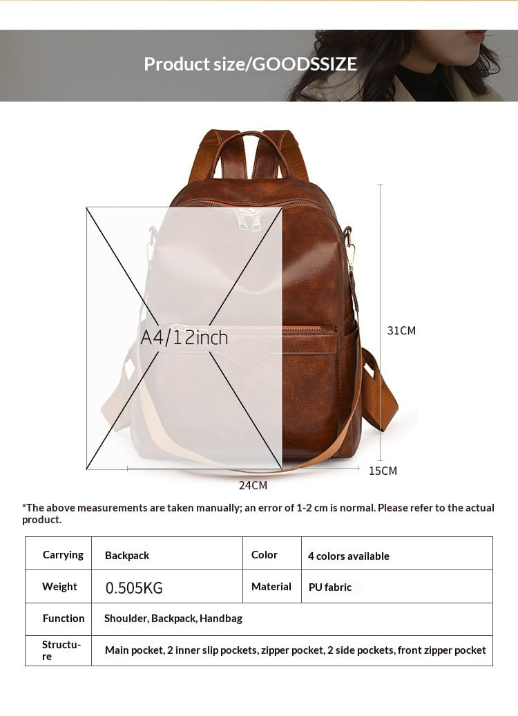 Brown pu fabric faux leather women’s large capacity commuter backpack with adjustable shoulder straps and multiple pockets shown from the back side.