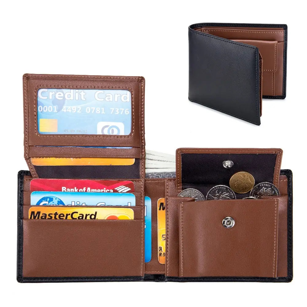 Men’s genuine leather bifold wallet with coin pocket in brown leather with black trim and silver-toned snap closures.