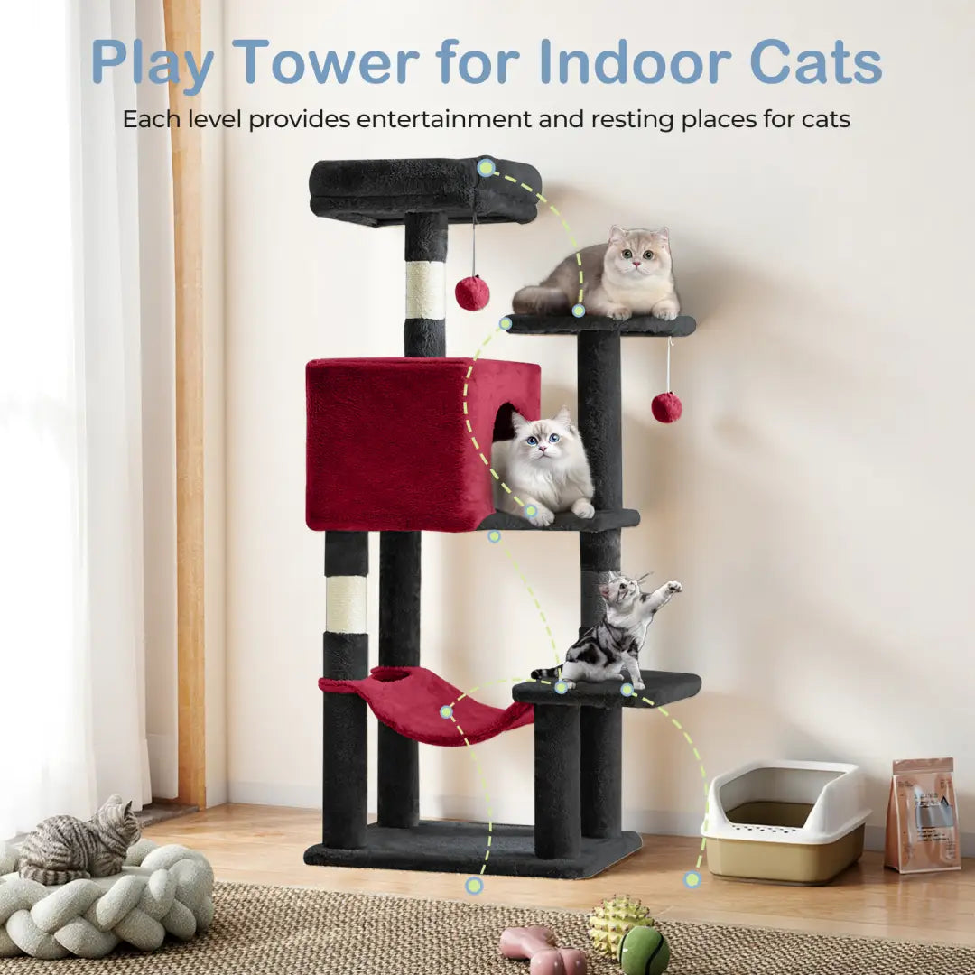 44 inch multi-level cat tree tower with black and red carpeted platforms, sisal scratching posts, a hanging hammock, and dangling toys for indoor cat play.
