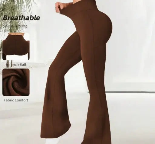 Brown high-waisted flare yoga pants featuring a snug fit and breathable stretchy fabric designed for comfort and flexibility.