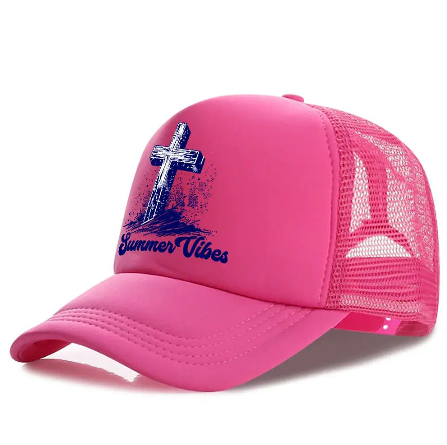A vibrant pink baseball cap summer vibes trucker hat with a mesh back featuring a blue cross and summer vibes text on the front.