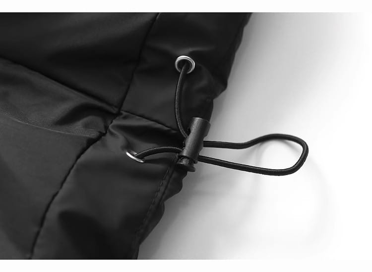 black nylon drawstring closure with a black plastic toggle on the hooded puffer cotton coat