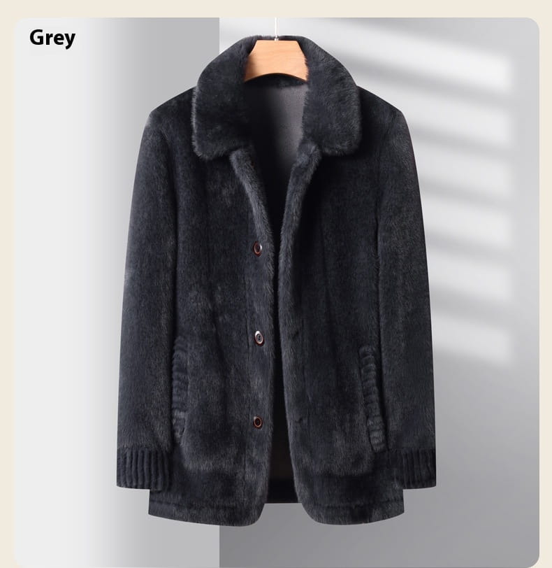 Dark grey faux fur winter coat for men with a plush collar and ribbed cuffs.