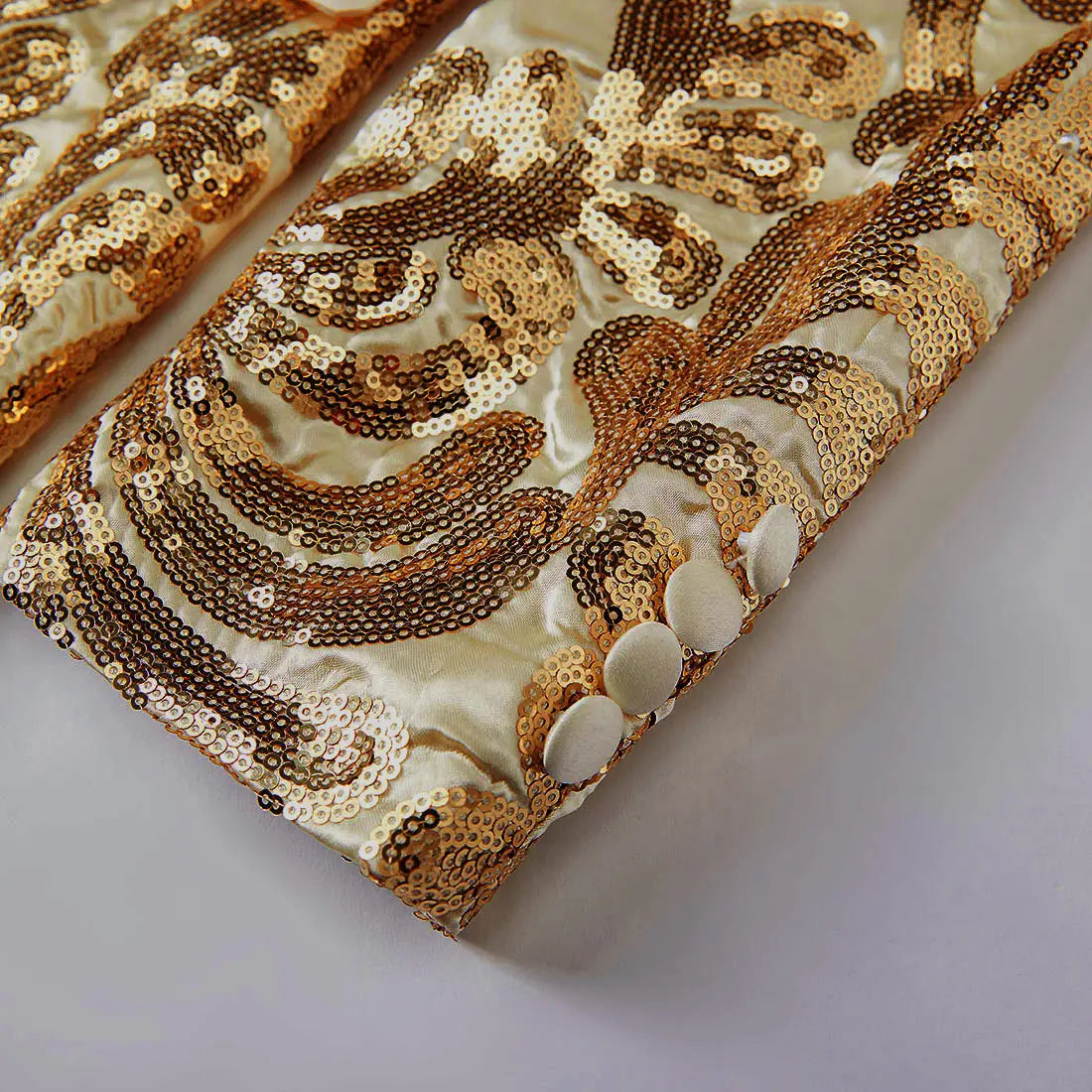 gold sequin mens suit jacket featuring gold and cream sequined fabric with intricate paisley patterns and satin-like texture in a retro floral blazer style