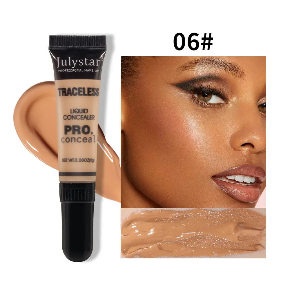 Julystar traceless pro liquid makeup concealer in shade 06 is a professional tattoo concealer in a sleek black matte finish tube containing liquid concealer.