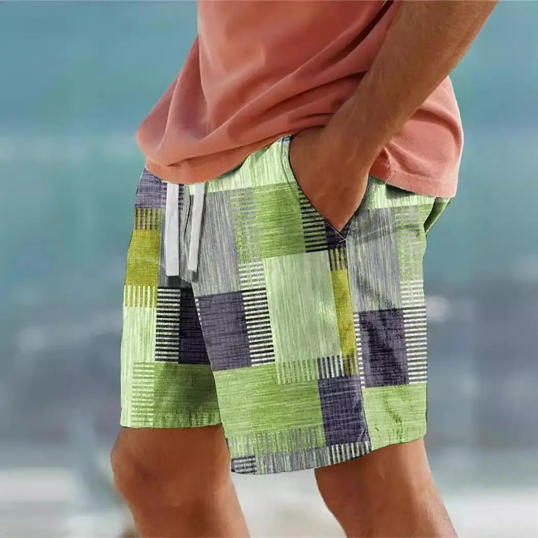 Men’s patchwork houndstooth streetwear casual shorts in vibrant green and purple geometric pattern with white drawstrings.