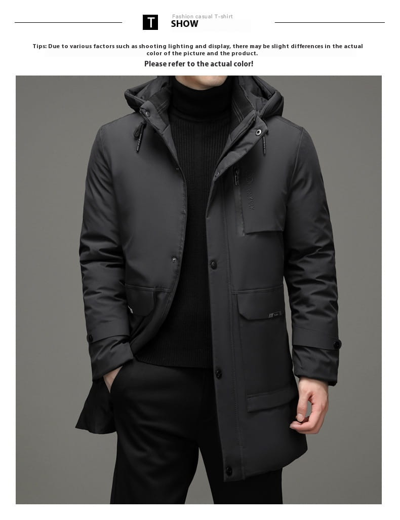 Abrigo de invierno acolchado con capucha negro para hombre con diseño acolchado y múltiples bolsillos para uso en clima frío.