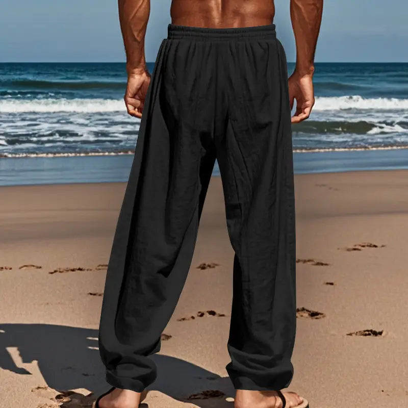 Men’s black linen joggers casual drawstring pants featuring loose fit, elastic waistband, and tapered cuffs.