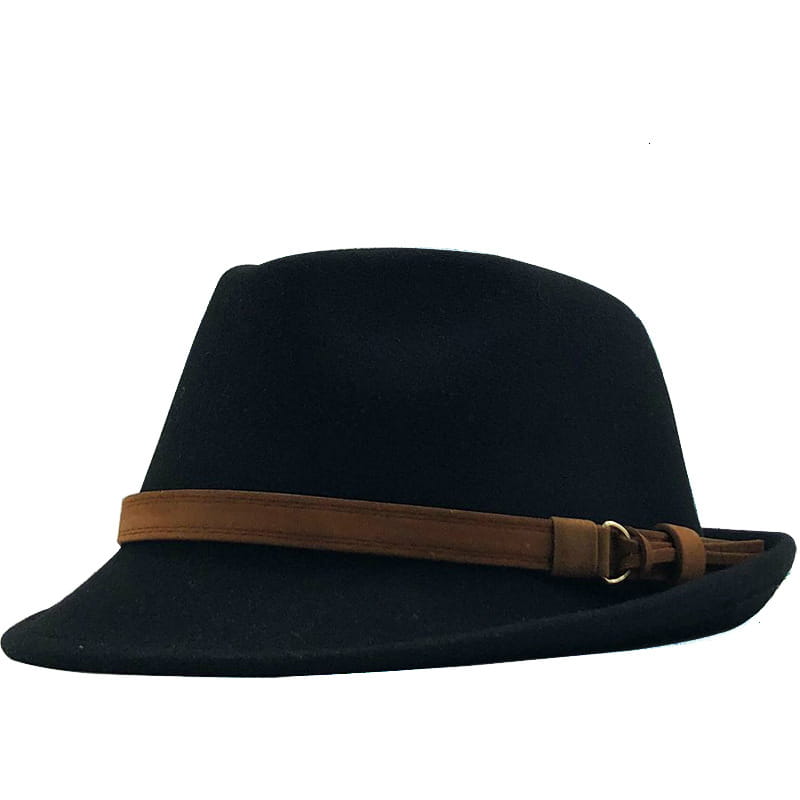 Black wool fedora hat with a brown leather strap and buckle.