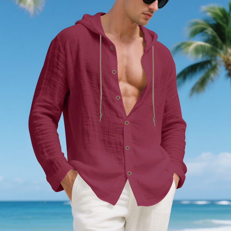 A maroon linen men hooded cardigan shirt with textured fabric and matching drawstrings.
