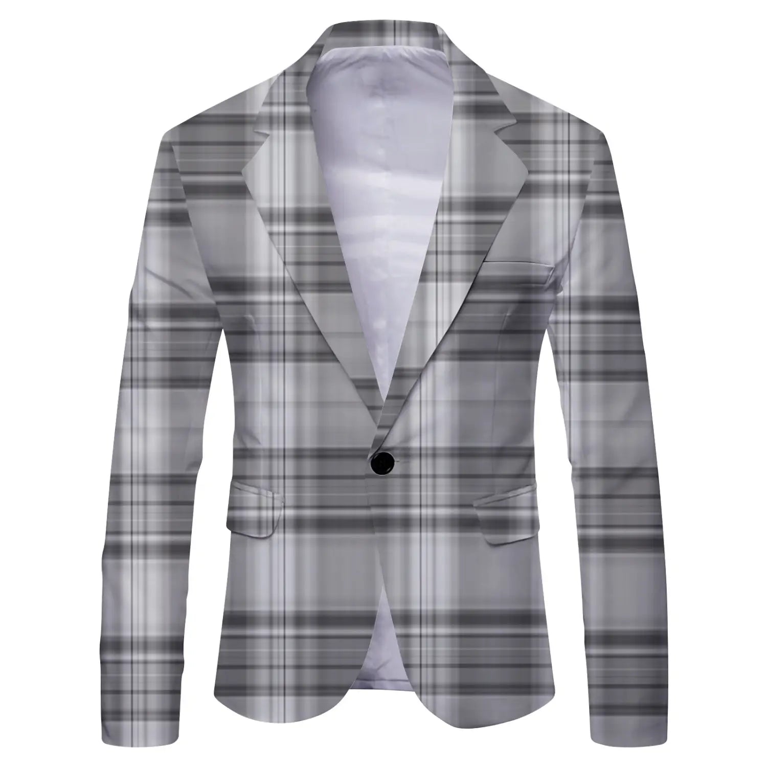Mens slim fit casual blazer british style suit in sleek gray plaid with a single black button and matching pocket flaps.