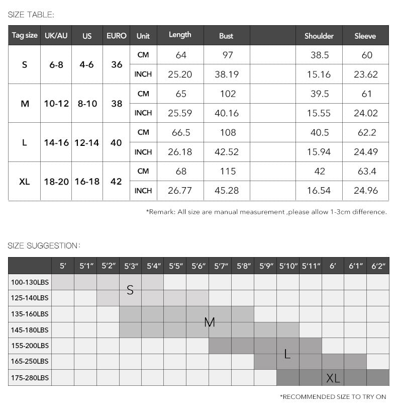 Size chart for ruffle trim textured long sleeve button up blouse showing measurements in centimeters and inches from small to extra large with weight recommendations.