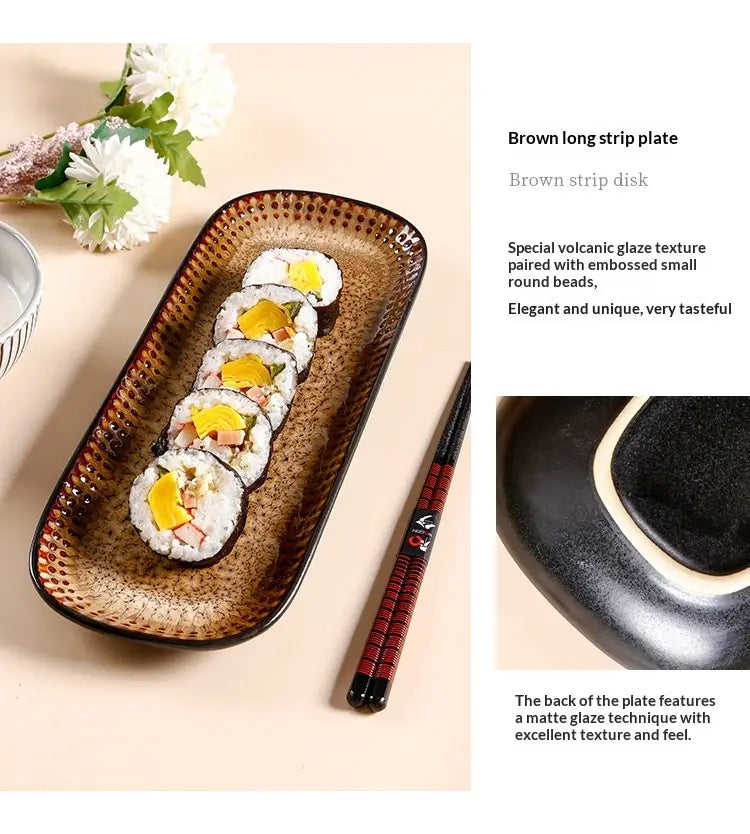 ceramic serving tray 12.5 inch brown gradient platter featuring a long strip plate design with special volcanic glaze texture and embossed small round beads.