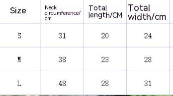 the table displays size measurements in centimeters for necklaces designed for the carnivorous flower dog hat plush pet costume.