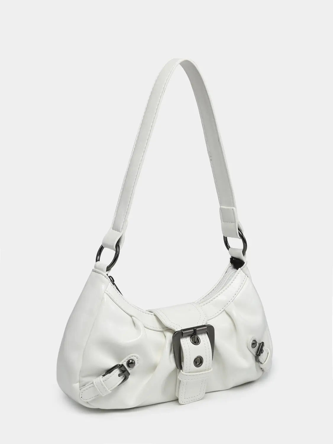 White faux leather vintage leather shoulder bag with black metal buckle details and a single shoulder strap.