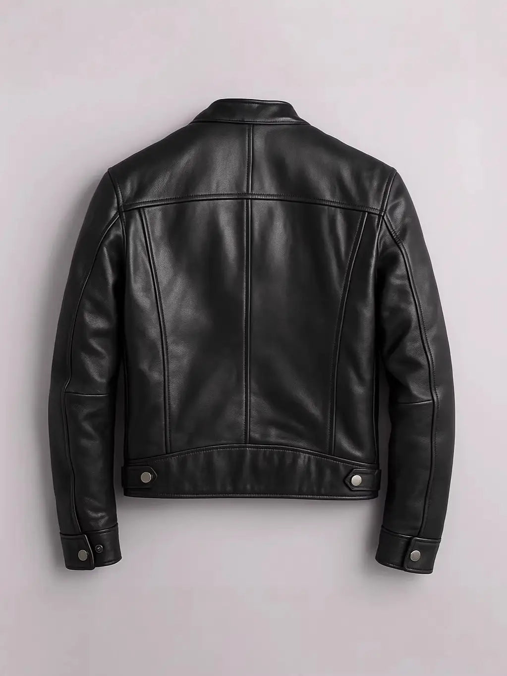 Men pu leather motorcycle jacket in black with classic stitching, silver-toned snap buttons, and a stand collar.