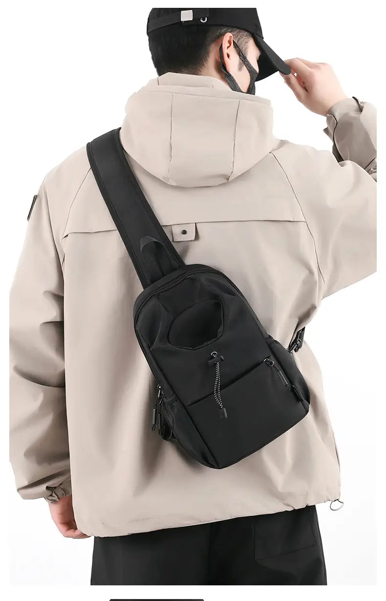 Schwarze wasserdichte Herren-Oxford-Gewebe-Minimalist-Crossbody-Brusttasche aus Nylon mit Vordertasche und verstellbarem Riemen