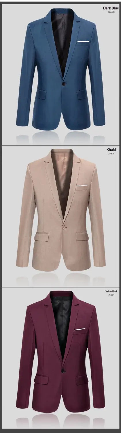 Drei maßgeschneiderte Herren-Slim-Fit-Freizeitblazer in Dunkelblau, Khaki und Weinrot, geeignet für formelle und legere Anlässe