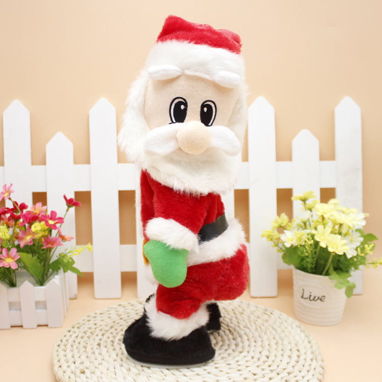Electric Santa Claus shaking hips musical toy 46cm red and white plush figure with green mittens black belt and black boots.