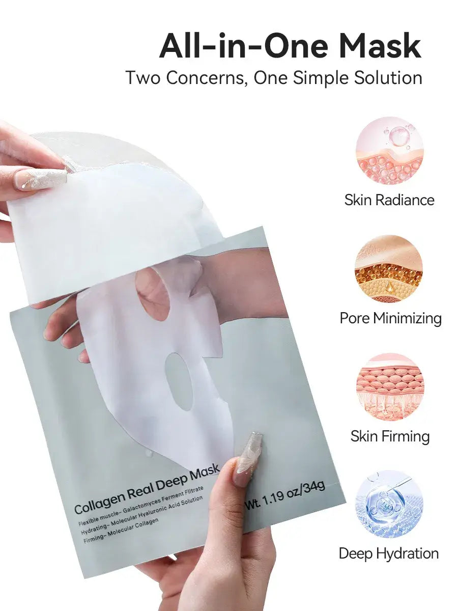 Une feuille de masque facial profond hydratant au collagène blanc, dans un emballage bleu clair, présentant des découpes pour le visage et des informations produit imprimées, pour raffermir et améliorer l’élasticité.