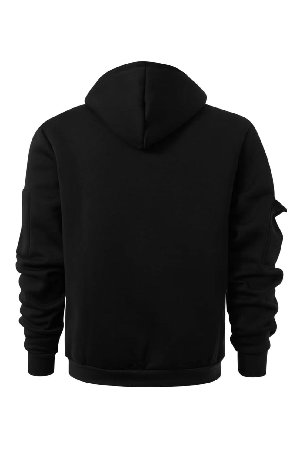 Sudadera deportiva con cierre para hombre en tallas grandes en negro, con puños y bajo acanalados, y detalle de textura sutil en la manga izquierda.