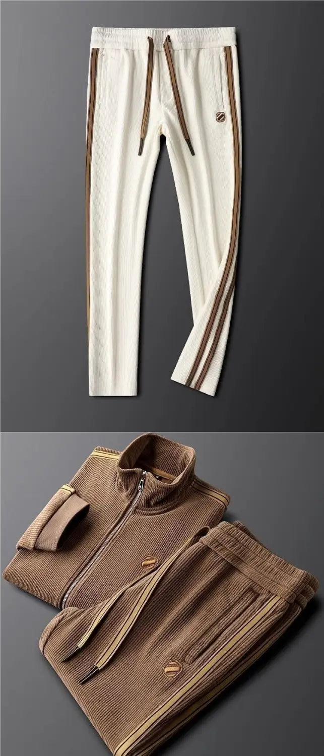 men corduroy striped tracksuit set featuring cream-colored track pants with brown side stripes and a matching drawstring waistband