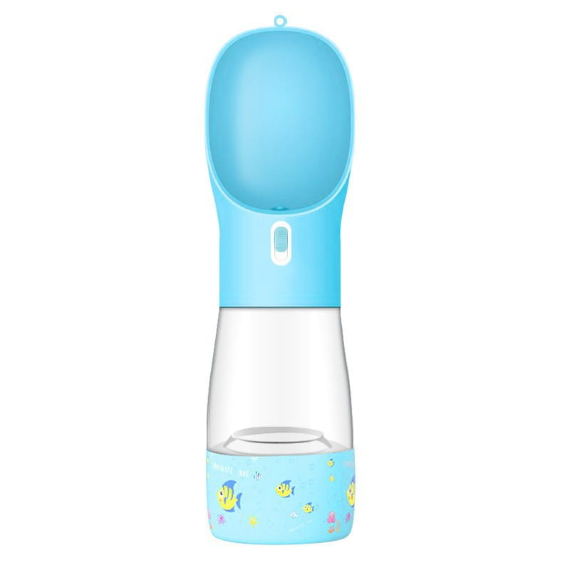 Gourde pour chien en silicone bleu clair et plastique transparent, avec base à motifs de poissons, gamelle de voyage portable 458 ml.