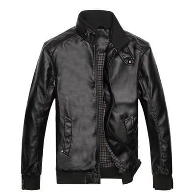 Men’s black faux leather bomber jacket with stand collar and plaid lining visible on the interior.