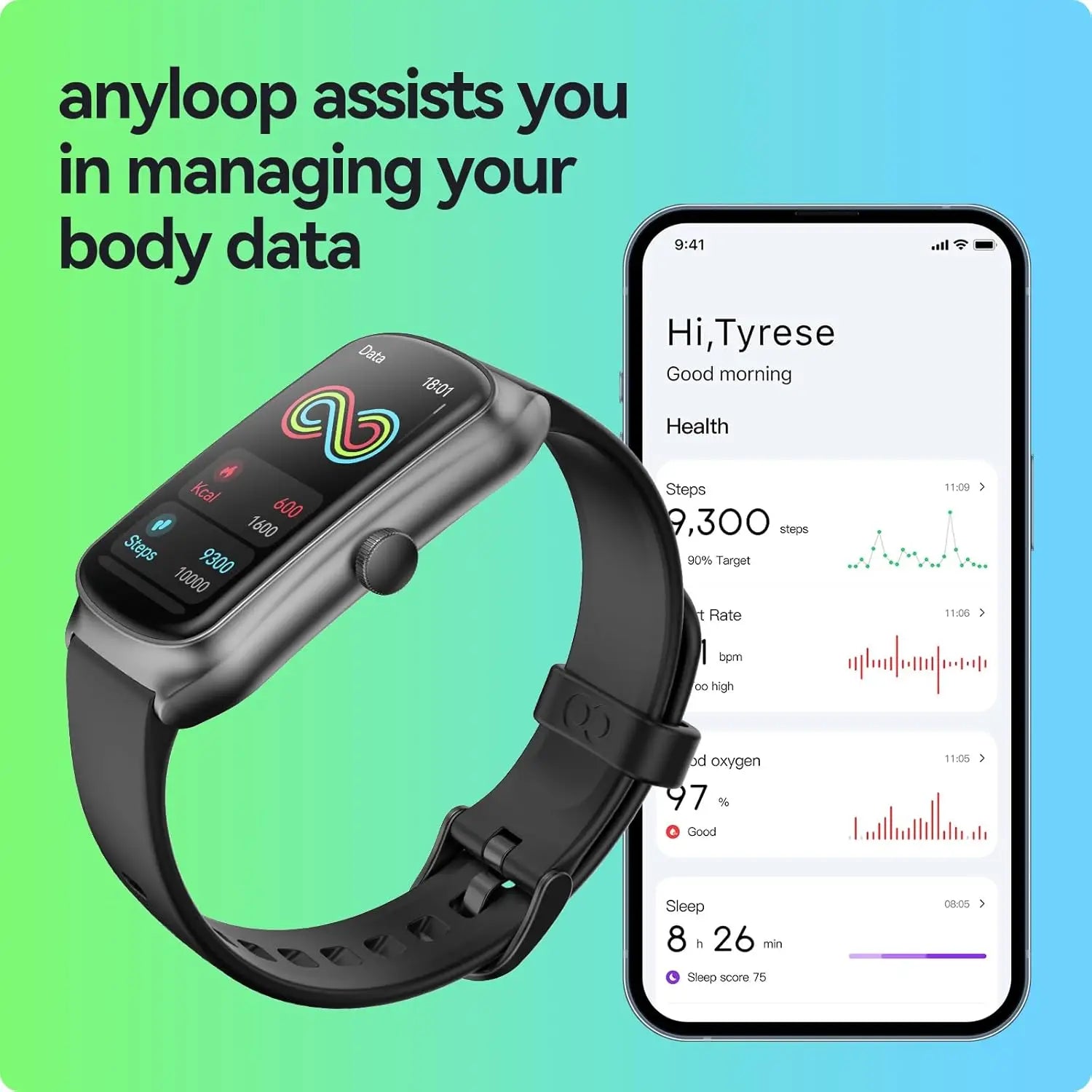 Black anyloop amoled fitness smartwatch with sleek rectangular screen displaying colorful health metrics and matching black strap featuring heart rate and spo2 monitoring.