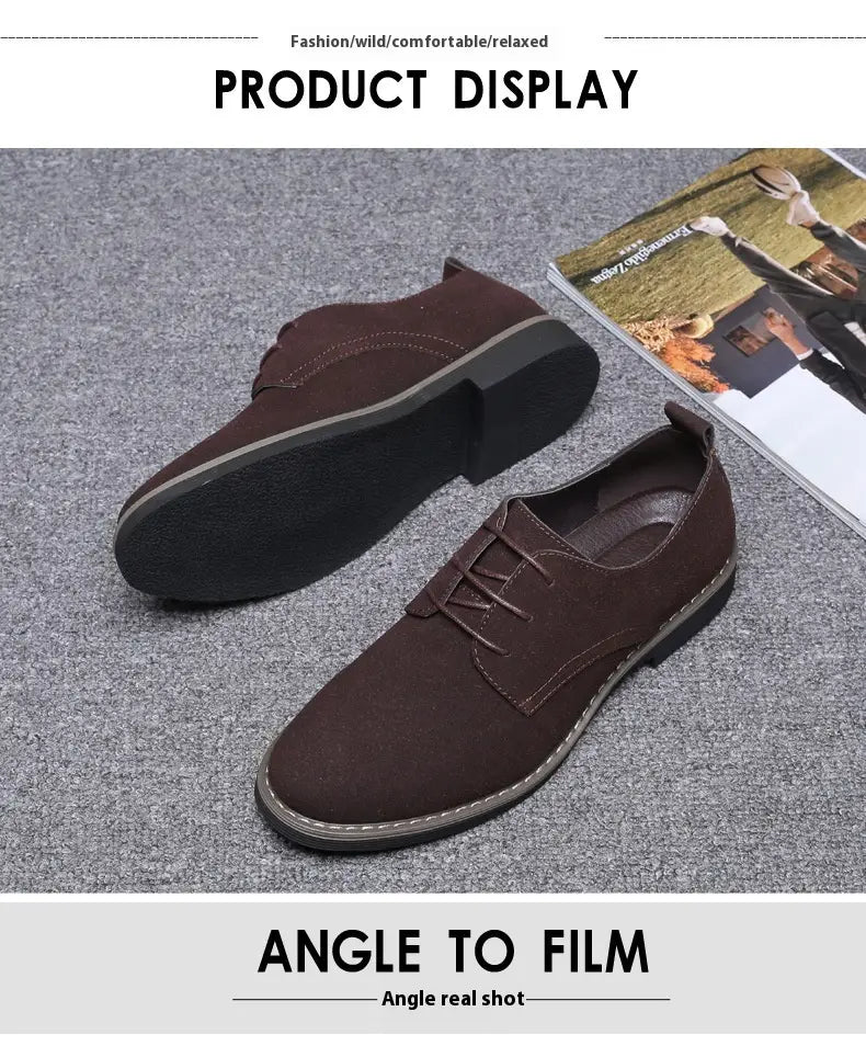 Men’s plus size British style suede casual oxford shoes in brown with lace-up design black rubber soles and contrasting stitching.