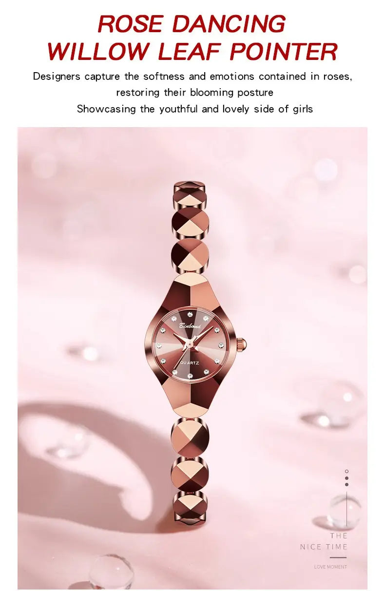 Rose gold-toned quartz watch featuring a geometric faceted bracelet and dial adorned with small diamond-like accents.