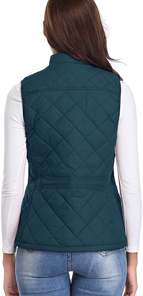 Chaleco acolchado de algodón para mujer color turquesa con bolsillo de cuello alto y patrón de rombos.