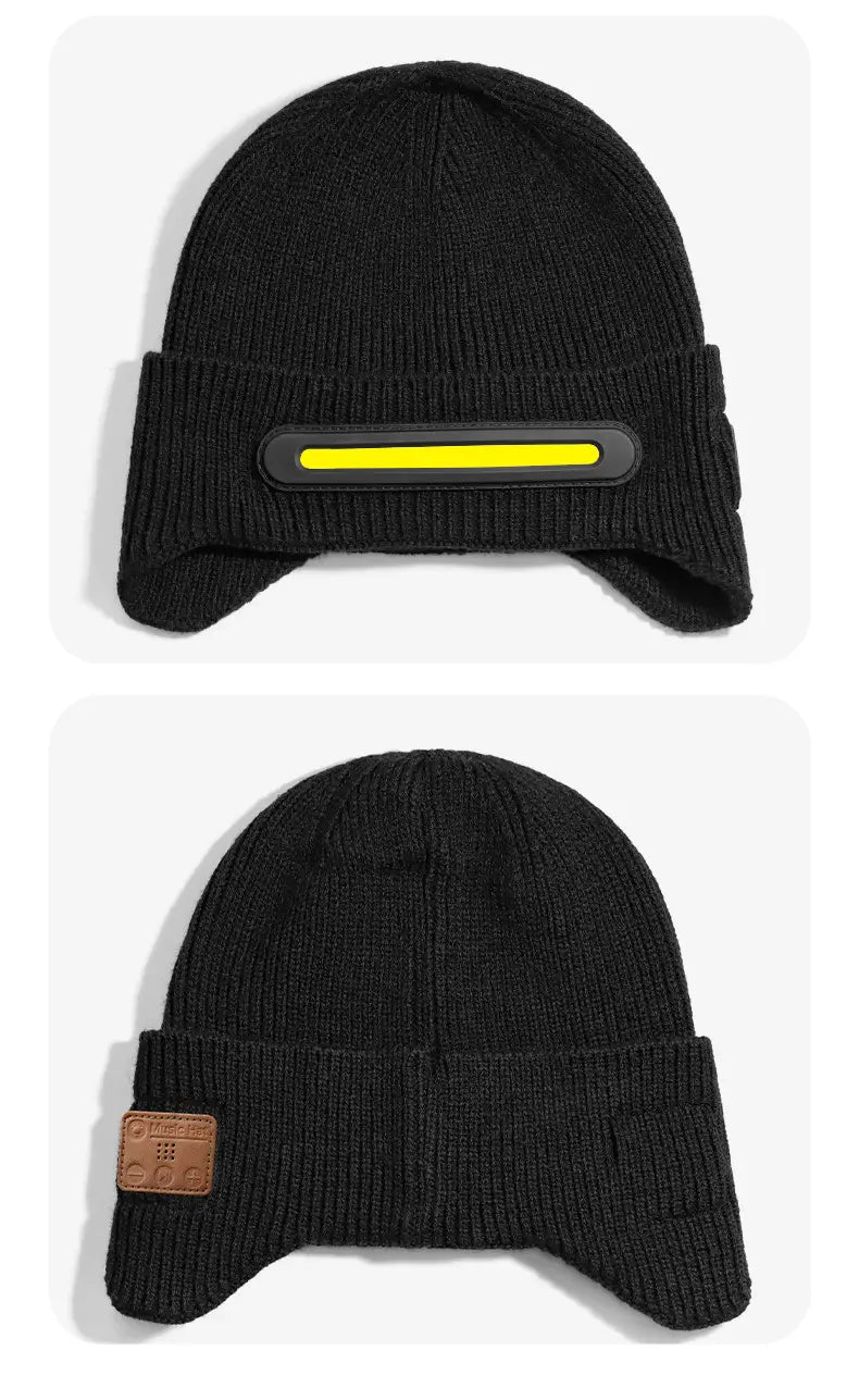 Black knitted led Bluetooth beanie hat with a yellow led light strip on the front and a brown leather patch on the cuff designed for running.