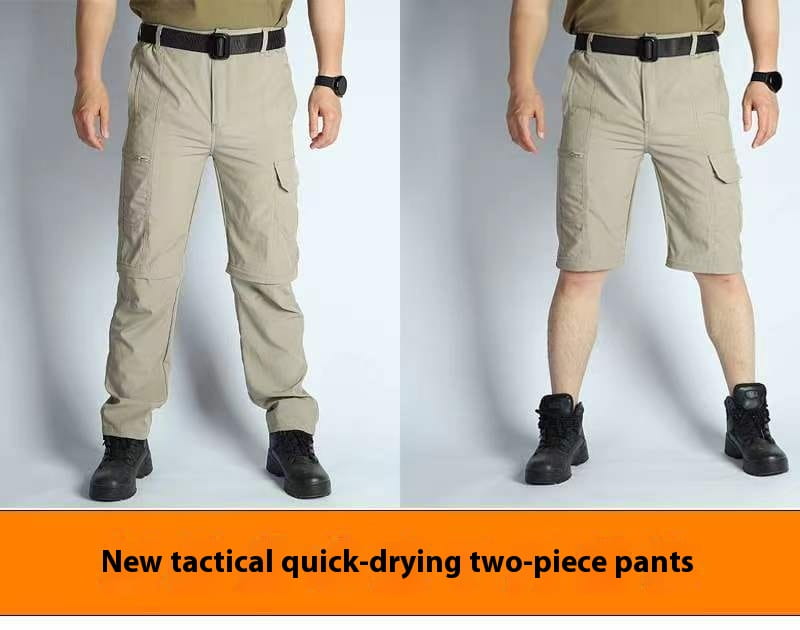pantalon tactique beige Ix6 à séchage rapide en deux pièces, avec plusieurs poches cargo et une ceinture noire, conçu pour un usage utilitaire estival et en extérieur.