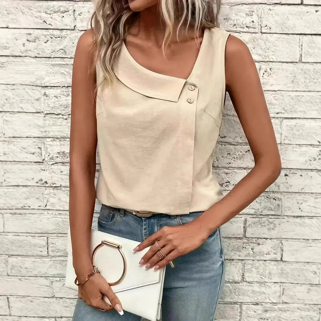 Beige button vest women casual sleeveless top with a distinctive asymmetrical collar and two front buttons.