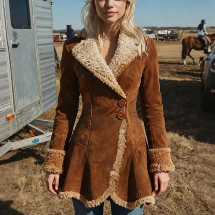 Brown suede fleece shearling jacket for women featuring cream-colored thick shearling lining and cuffs.