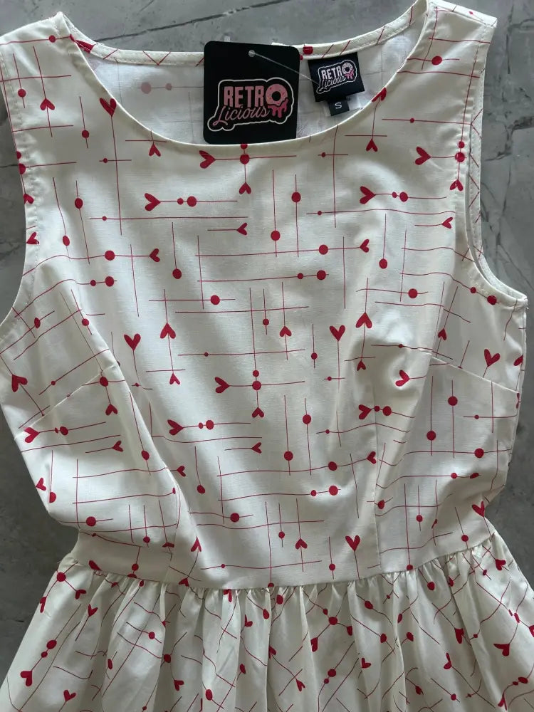 Be mine white heart print 1950s cotton midi dress featuring a sleeveless design with red hearts arrows and dots pattern